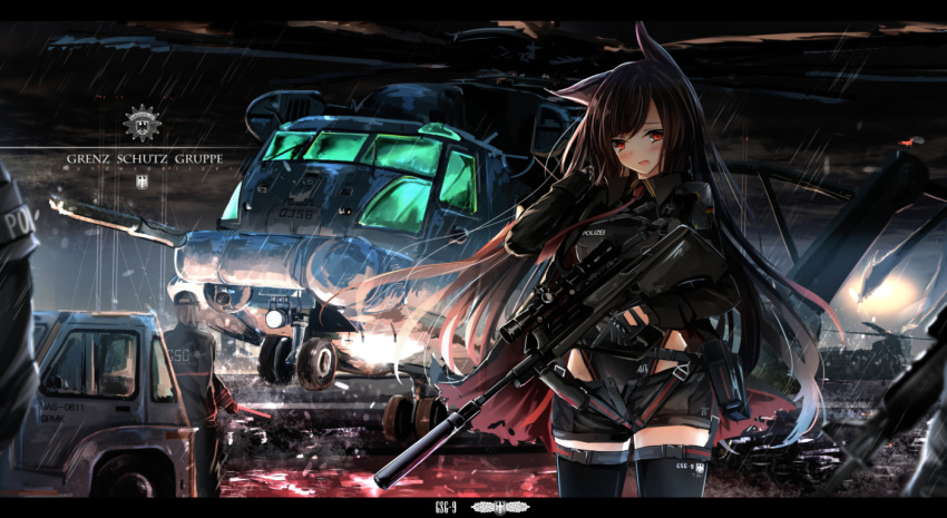 aircraft animal_ears armor assault_rifle bangs belt_pouch black_legwear black_shirt blurry blush brown_hair bullpup cape car depth_of_field german gloves ground_vehicle gun haguruma_(hagurumali) helicopter holding holding_gun holding_weapon long_hair long_sleeves looking_at_viewer md5_mismatch military military_vehicle motor_vehicle necktie night open_mouth original outdoors police pouch rain red_eyes red_neckwear rifle scope shirt short_shorts shorts solo_focus steyr_aug suppressor thighhighs translated trigger_discipline weapon wing_collar