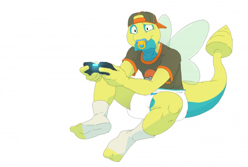 2018 absurd_res anthro anthrofied backwards_baseball_cap baseball_cap clothed clothing controller daire daire301 diaper digital_drawing_(artwork) digital_media_(artwork) dualshock_4 dunsparce game_controller hat hi_res infantilism legwear long_tail male nintendo open_mouth pacifier pok&eacute;ball pok&eacute;mon pok&eacute;mon_(species) pok&eacute;morph scalie simple_background smile socks solo teeth video_games white_background white_socks white_underwear wings