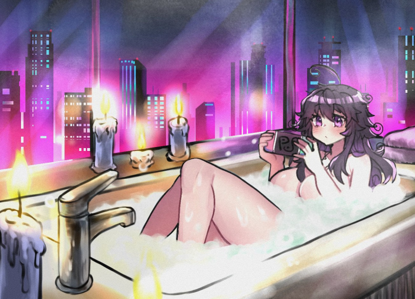ahoge bad_id bad_twitter_id bath bathing bathtub blush breasts bubble_bath candle closed_mouth commentary english_commentary faucet handheld_game_console hands_up holding huge_breasts long_hair looking_at_viewer messy_hair night nude nyarla_(osiimi) original osiimi playing_games playstation_portable purple_eyes purple_hair solo