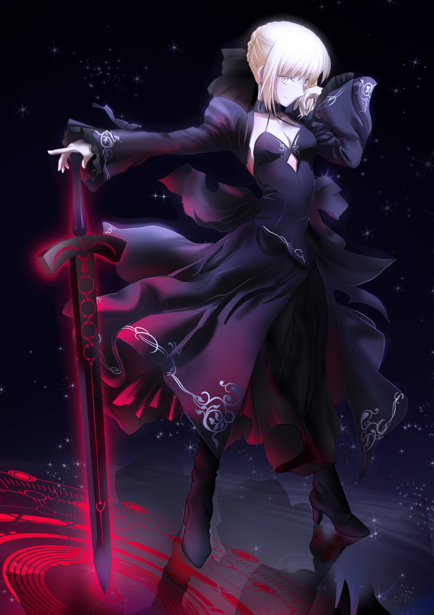 absurdres argyle_cutout artoria_pendragon_(all) black_bow black_dress black_footwear boots bow breasts cleavage dark_excalibur dress fate/stay_night fate_(series) full_body hair_bow hand_on_hilt high_heel_boots high_heels highres looking_at_viewer magic_circle medium_breasts outstretched_arm pinkuempire pixiv_fate/grand_order_contest_2 saber_alter sidelocks silver_hair sleeveless sleeveless_dress smile solo sparkle standing tied_hair yellow_eyes