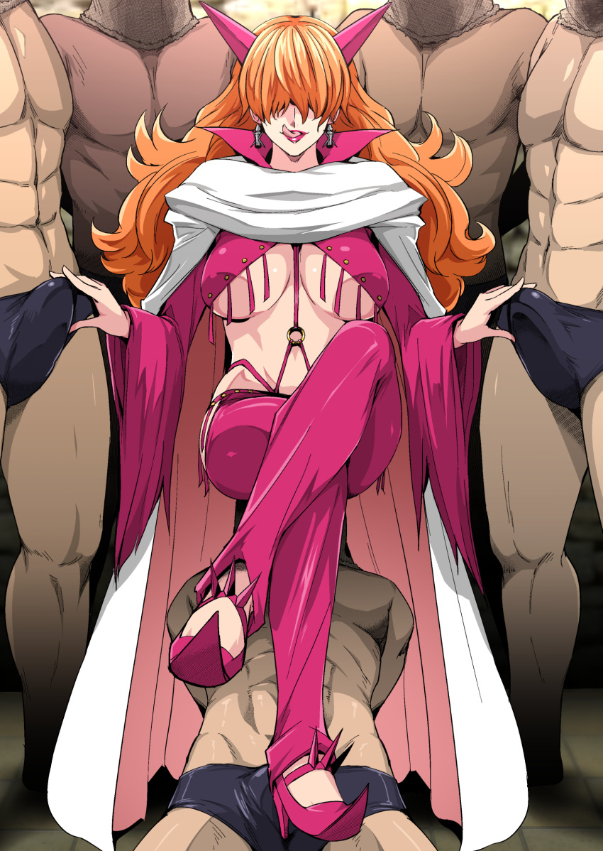 1girl breasts cape earrings erection erection_under_clothes feet femdom full_body gureko_rouman hair_over_eyes highres indoors large_breasts legs legs_crossed lips lipstick long_hair muscle navel o-ring one_piece open_mouth orange_hair pink_clothes red_lips sadi-chan sandals sitting sitting_on_face smile solo_focus spikes standing thighs tongue tongue_out underboob white_cape wide_sleeves