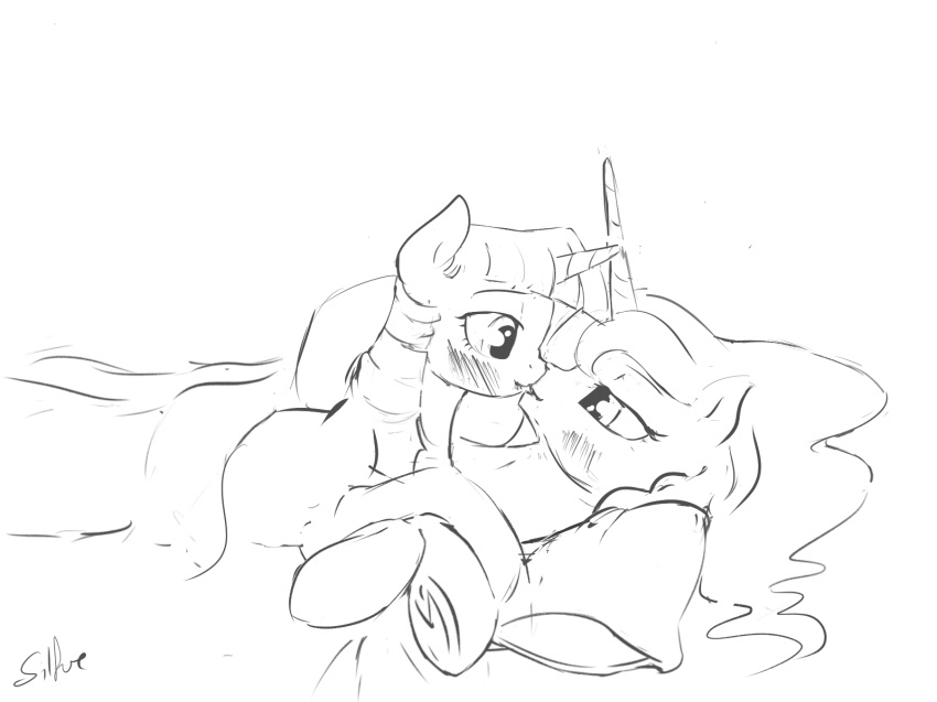 2015 4:3 blush duo equine female female/female feral friendship_is_magic horn kissing mammal monochrome my_little_pony princess_luna_(mlp) silfoe twilight_sparkle_(mlp) unicorn