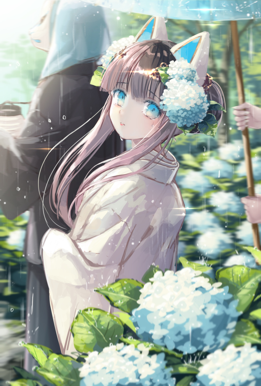 animal_ears bangs blue_eyes blue_flower blue_umbrella brown_hair closed_mouth commentary_request day double_bun eyebrows_visible_through_hair fake_animal_ears fingernails flower fox_mask hair_between_eyes hair_flower hair_ornament head_tilt highres holding holding_umbrella hydrangea hydrangea_hair_ornament japanese_clothes kimono lantern long_hair long_sleeves looking_at_viewer looking_to_the_side mask nail_polish original outdoors paper_lantern rain side_bun solo_focus standing transparent transparent_umbrella umbrella very_long_hair water white_kimono white_nails yumeichigo_alice