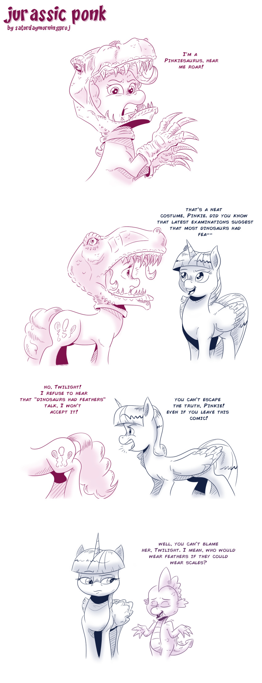 2018 comic costume dialogue dragon earth_pony english_text equine female feral friendship_is_magic group hair horn horse mammal my_little_pony pinkie_pie_(mlp) pony saturdaymorningproj scalie simple_background spike_(mlp) text twilight_sparkle_(mlp) unicorn white_background wings
