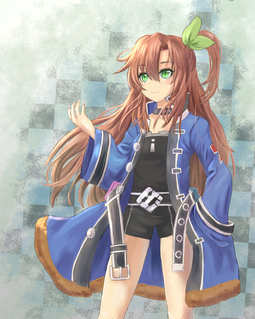 bow brown_hair choker eyebrows_visible_through_hair green_eyes hair_between_eyes hair_bow hair_ornament highres if_(choujigen_game_neptune) jacket long_hair looking_away neptune_(series) ribbon solo tobi_(mylifekei)