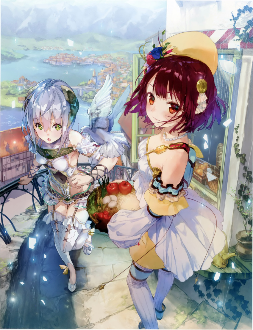 absurdres atelier_(series) atelier_sophie bare_shoulders bird blush breasts brown_eyes brown_hair gloves green_eyes hair_ornament hat highres huge_filesize jewelry lake long_hair looking_at_viewer medium_breasts multiple_girls necklace noco_(adamas) official_art open_mouth plachta short_hair silver_hair skirt smile sophie_neuenmuller thighhighs town yuugen