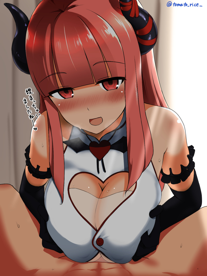 1girl artist_name bangs bare_shoulders black_gloves blunt_bangs blush breast_squeeze breasts breath cleavage cleavage_cutout clothed_female_nude_male demon_girl demon_horns elbow_gloves eve.ch eve_valerne eyebrows_visible_through_hair gloves heart heart_cutout heavy_breathing hetero highres horns implied_ejaculation large_breasts light_rays long_hair looking_at_viewer nose_blush nude open_mouth paizuri paizuri_under_clothes pink_eyes pink_hair pov see-through shirt sleeveless sleeveless_shirt smile solo_focus succubus tomato_rice translated virtual_youtuber