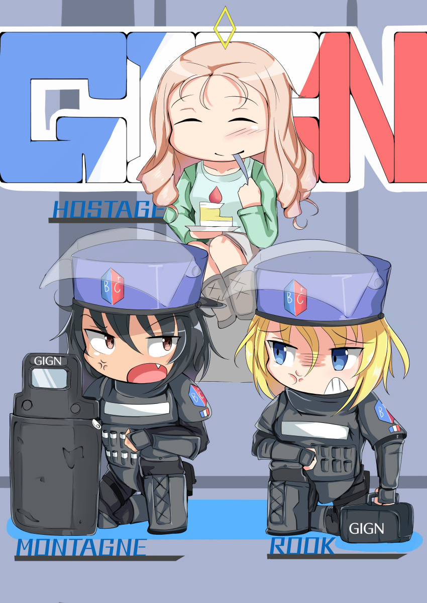 andou_(girls_und_panzer) anger_vein angry antyobi0720 bangs bc_freedom_(emblem) black_footwear black_hair black_hat black_jacket black_pants blonde_hair blue_eyes body_armor boots brown_eyes brown_footwear brown_skirt cake casual character_name chest_plate chibi closed_mouth commentary_request dark_skin drill_hair eating emblem english eyebrows_visible_through_hair faceplate fang food fork_in_mouth french_flag frown gauntlets gign girls_und_panzer glaring green_shirt grimace hat helmet highres holding jacket letter long_hair long_sleeves looking_at_another marie_(girls_und_panzer) messy_hair montagne_(rainbow_six_siege) one_knee open_mouth oshida_(girls_und_panzer) pants pauldrons plate raglan_sleeves rainbow_six_siege riot_shield rook_(rainbow_six_siege) shirt sitting skirt smile tactical_clothes