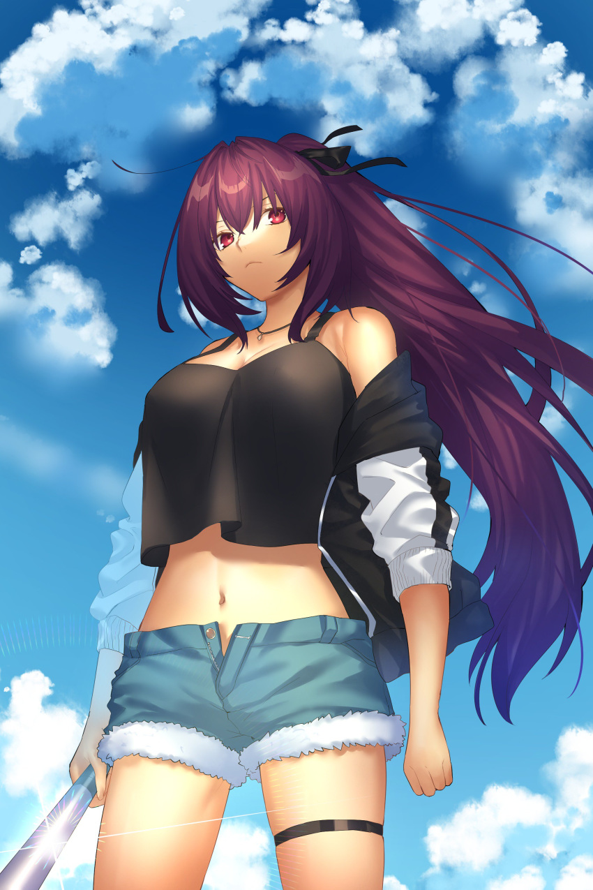 absurdres alternate_costume alternate_hairstyle baseball_bat blue_sky breasts cleavage cloud cloudy_sky collarbone commentary_request day expressionless fate/grand_order fate_(series) highres jacket jewelry lens_flare looking_at_viewer navel necklace ponytail scathach_(fate)_(all) scathach_(fate/grand_order) seseragi_azuma short_shorts shorts sky solo tank_top thigh_strap unbuttoned