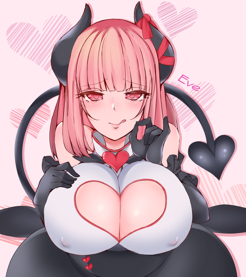 absurdres arm_garter bangs bare_shoulders black_gloves black_skirt blunt_bangs blush breasts bustier character_name cleavage cleavage_cutout covered_nipples demon_girl demon_horns demon_tail elbow_gloves eve.ch eve_valerne eyebrows_visible_through_hair gloves hand_on_own_chest heart heart-shaped_pupils heart_cutout high-waist_skirt highres horn_ribbon horns large_breasts licking_lips long_hair mish_loxalliott nose_blush ribbon skirt succubus symbol-shaped_pupils tail tongue tongue_out virtual_youtuber