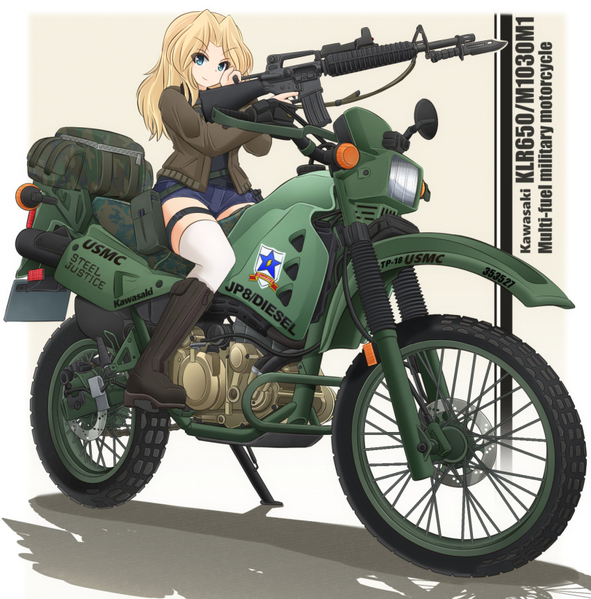 assault_rifle black_footwear black_shorts blonde_hair blue_eyes boots brown_jacket camouflage closed_mouth commentary_request emblem english girls_und_panzer ground_vehicle gun hair_intakes highres holding holding_weapon ichigotofu jacket kawasaki kawasaki_klr650 kay_(girls_und_panzer) knee_boots long_hair long_sleeves m16a2 m81_woodland_(camo) machine_gun marine_corps marpat military military_uniform military_vehicle motor_vehicle motorcycle on_motorcycle pouch riding rifle saunders_(emblem) saunders_military_uniform shorts sitting smirk solo thigh_strap thighhighs trigger_discipline uniform v-shaped_eyebrows weapon white_legwear woodland_pattern zipper