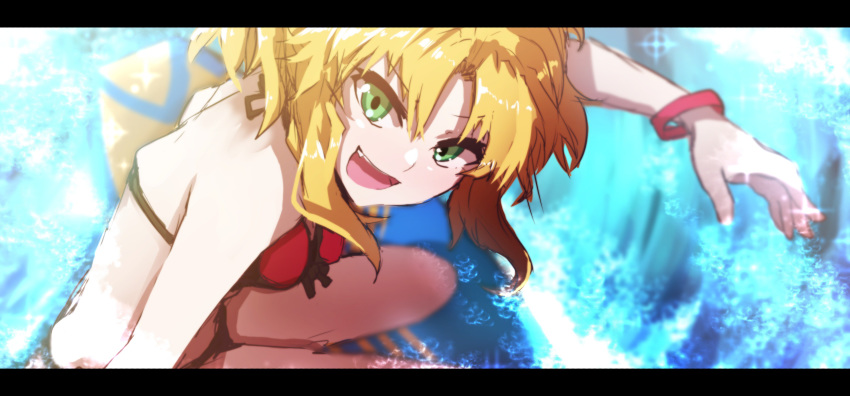 :d absurdres bangs bare_shoulders bikini blonde_hair breasts commentary_request day eyebrows_visible_through_hair fate/grand_order fate_(series) green_eyes hair_between_eyes highres letterboxed medium_breasts mordred_(fate)_(all) mordred_(swimsuit_rider)_(fate) open_mouth outdoors ponytail protected_link red_bikini sidelocks smile solo squatting surfboard surfing swimsuit wada_kazu water