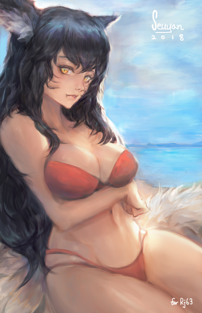 absurdres ahri animal_ears arm_under_breasts artist_name bikini black_hair breast_hold breasts cleavage commentary dated english_commentary facial_mark fang fox_ears fox_tail highres large_breasts league_of_legends long_hair looking_at_viewer multiple_tails red_bikini seuyan slit_pupils solo swimsuit tail wavy_hair whisker_markings yellow_eyes