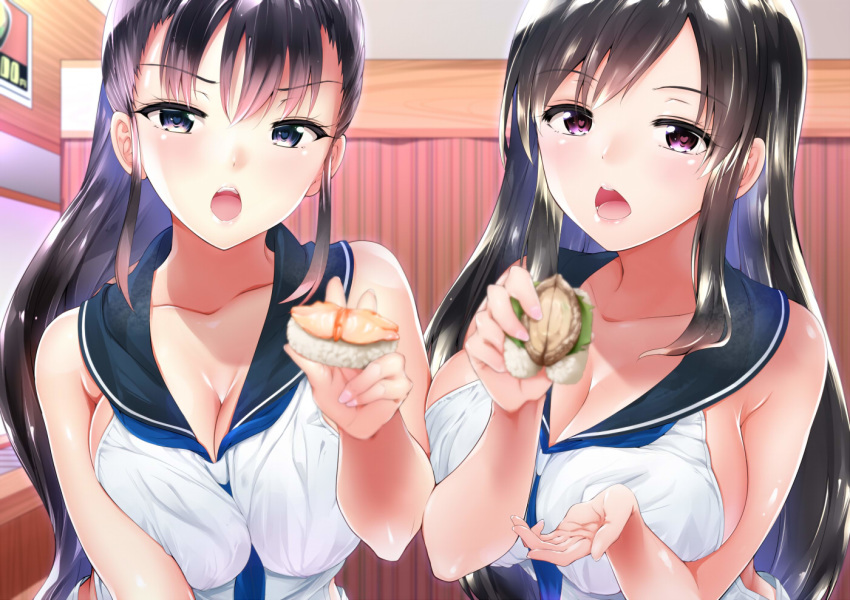 amasora_taichi bangs between_breasts blue_neckwear blue_sailor_collar blurry blurry_foreground breast_squeeze breasts brown_hair cleavage collarbone commentary_request depth_of_field eyebrows_visible_through_hair feeding fingernails food hair_between_eyes heart heart-shaped_pupils holding holding_food indoors large_breasts long_hair multiple_girls nail_polish necktie necktie_between_breasts open_mouth original pink_nails pov_feeding purple_eyes sailor_collar sailor_shirt shirt sidelocks sushi symbol-shaped_pupils upper_teeth very_long_hair white_shirt
