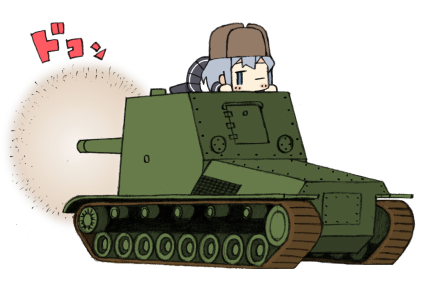 blue_eyes chibi commentary_request grey_hair ground_vehicle hat hibiki_(kantai_collection) iiyatsu_(stormtrooperh) kantai_collection military military_vehicle motor_vehicle one_eye_closed self-propelled_gun shirt short_hair skirt soviet_union su-100y tank verniy_(kantai_collection)