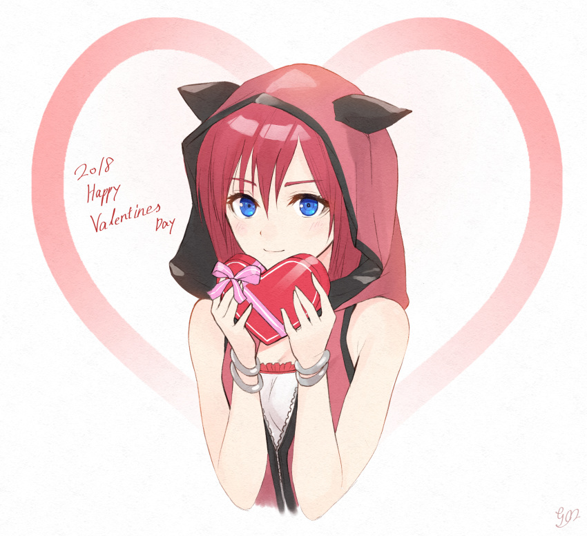 2018 bangs bare_shoulders blue_eyes bracelet chocolate chocolate_heart closed_mouth eyebrows_visible_through_hair eyelashes gogo_(detteiu_de) hair_between_eyes hands_up happy_valentine heart highres holding hood jewelry kairi_(kingdom_hearts) kingdom_hearts kingdom_hearts_iii medium_hair red_hair signature sleeveless smile solo upper_body valentine white_background