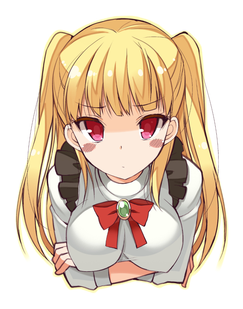 blonde_hair blush_stickers bow bowtie breasts closed_mouth covered_nipples crossed_arms eyebrows_visible_through_hair frown gem highres impossible_clothes large_breasts long_hair long_sleeves looking_at_viewer oota_yuuichi outline red_neckwear shirt simple_background solo suspenders tokyo_7th_sisters twintails uesugi_u_kyouko white_background white_shirt yellow_outline