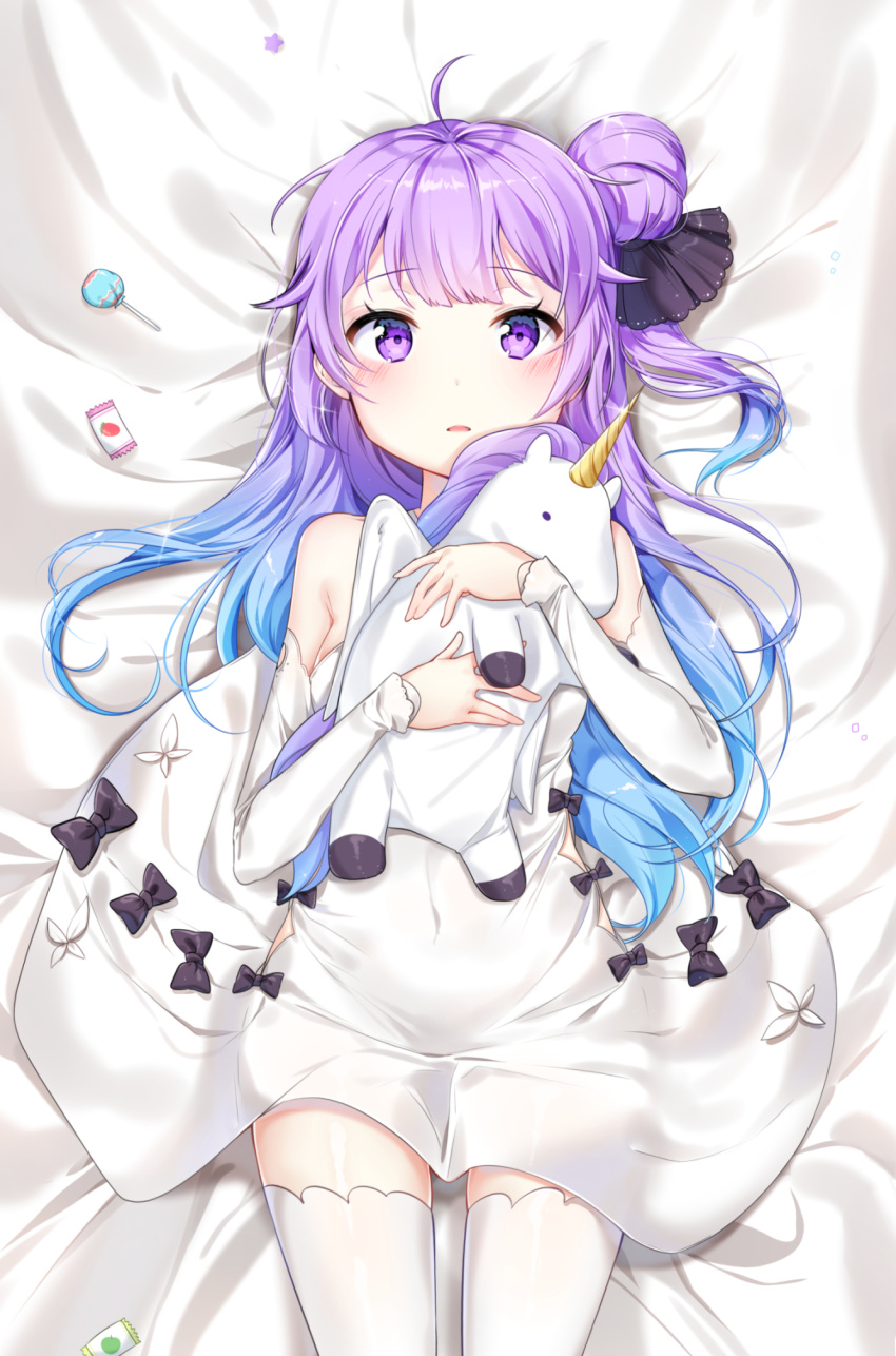 ahoge azur_lane bangs black_bow black_ribbon blue_hair blush bow candy commentary detached_sleeves dress eyebrows_visible_through_hair food gradient_hair hair_bun hair_ribbon highres lollipop long_hair long_sleeves looking_at_viewer lying moong_gya multicolored_hair object_hug on_back one_side_up parted_lips purple_eyes purple_hair ribbon side_bun sleeveless sleeveless_dress solo star stuffed_alicorn stuffed_animal stuffed_toy thighhighs unicorn_(azur_lane) very_long_hair white_dress white_legwear