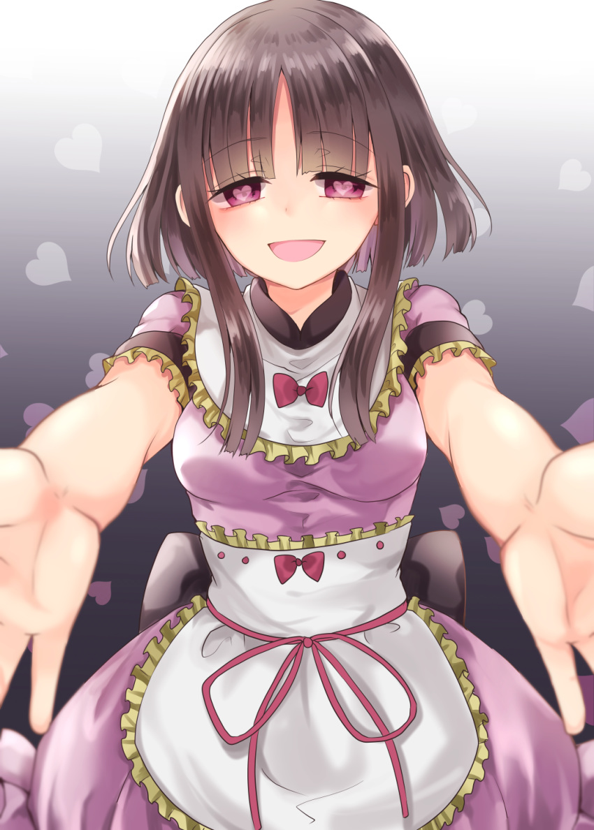 apron bangs blunt_bangs bow breasts brown_hair commentary_request cowboy_shot dress eyebrows_visible_through_hair foreshortening frilled_apron frilled_shirt_collar frills gradient gradient_background grey_background heart heart-shaped_pupils highres looking_at_viewer medium_breasts mimoto_(aszxdfcv) nishida_satono no_hat no_headwear open_mouth outstretched_arms pink_bow pink_dress pink_eyes pink_ribbon reaching red_neckwear ribbon shiny shiny_hair short_hair_with_long_locks short_sleeves smile solo symbol-shaped_pupils touhou waist_apron white_apron white_background