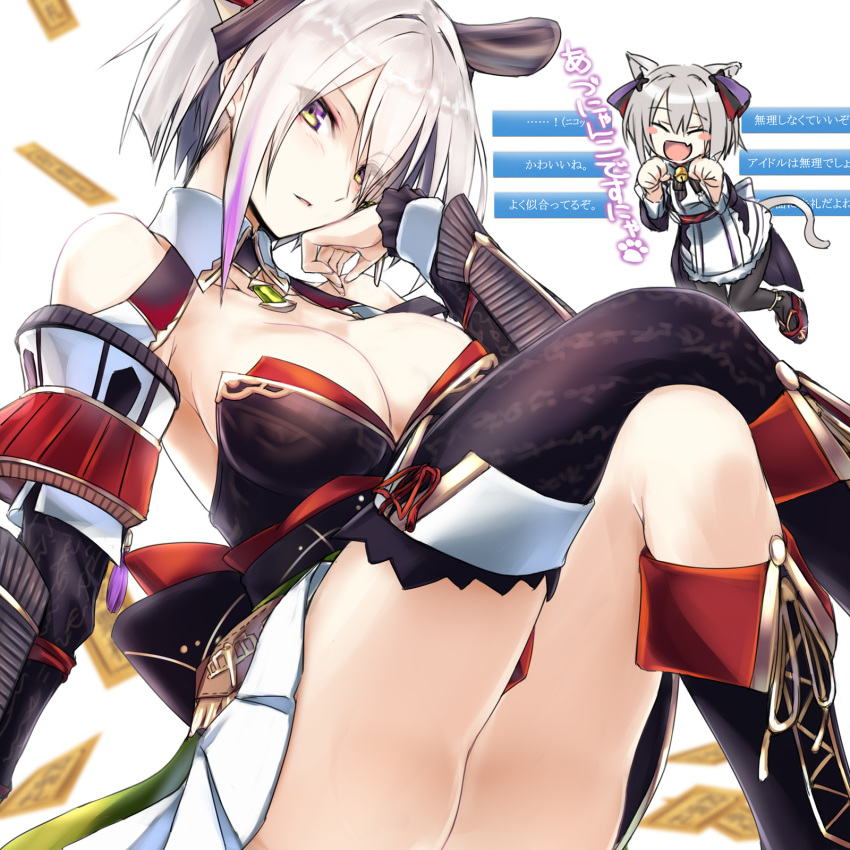 :d animal_ears azuchi_(oshiro_project) bare_shoulders black_legwear boots breasts cat_ears cat_tail chibi chibi_inset commentary_request crossed_legs detached_collar detached_sleeves eyebrows_visible_through_hair eyes_visible_through_hair fang highres knee_boots large_breasts looking_at_viewer open_mouth oshiro_project oshiro_project_re pleated_skirt short_hair silve silver_hair single_thighhigh skirt smile solo tail thighhighs translation_request white_skirt