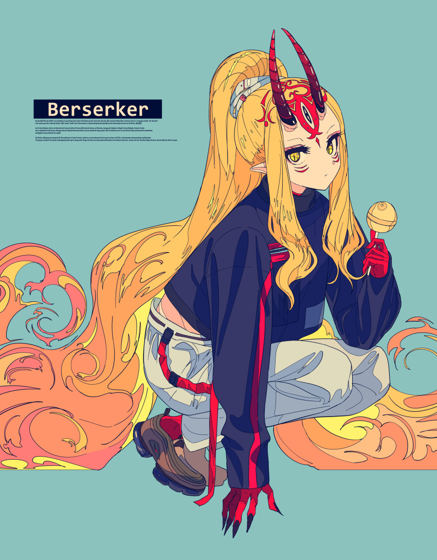 absurdly_long_hair absurdres alternate_hairstyle arm_support black_shirt blonde_hair brown_footwear candy character_name closed_mouth commentary english facial_mark fate/grand_order fate_(series) food forehead_mark green_background high_ponytail highres holding holding_food holding_lollipop horns ibaraki_douji_(fate/grand_order) kogecha_(coge_ch) loafers lollipop long_hair long_sleeves looking_at_viewer oni oni_horns pants pointy_ears ponytail puffy_long_sleeves puffy_sleeves shirt shoes sidelocks sleeves_past_wrists solo squatting very_long_hair white_pants yellow_eyes