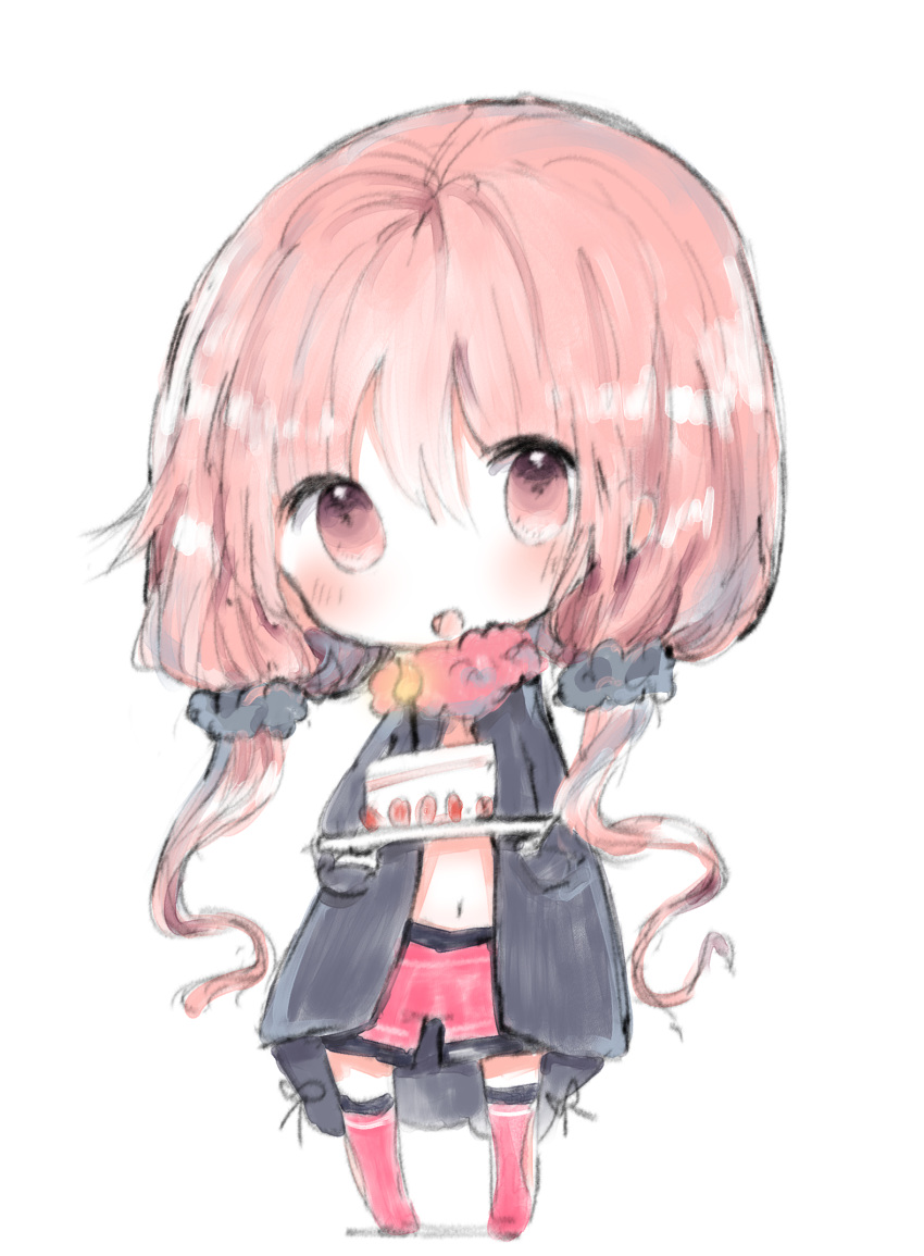 :d bad_id bad_pixiv_id bangs black_jacket black_scrunchie blush cake chibi cottontailtokki eyebrows_visible_through_hair food full_body hair_between_eyes hair_ornament hair_scrunchie highres holding holding_plate jacket long_hair low_twintails navel no_shoes open_mouth original pink_hair plate red_eyes red_hair red_shorts scrunchie short_shorts shorts slice_of_cake smile solo standing thighhighs twintails very_long_hair white_background
