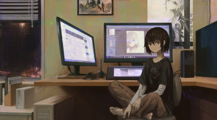 absurdres artist_self-reference bad_id bad_pixiv_id barefoot brown_eyes brown_hair chair closed_mouth collarbone computer computer_tower crossed_legs eyebrows_visible_through_hair frame highres indoors looking_at_viewer monitor original peke_(shadow105) short_hair sitting sketch solo speaker tablet translated window window_shade windowsill youtube