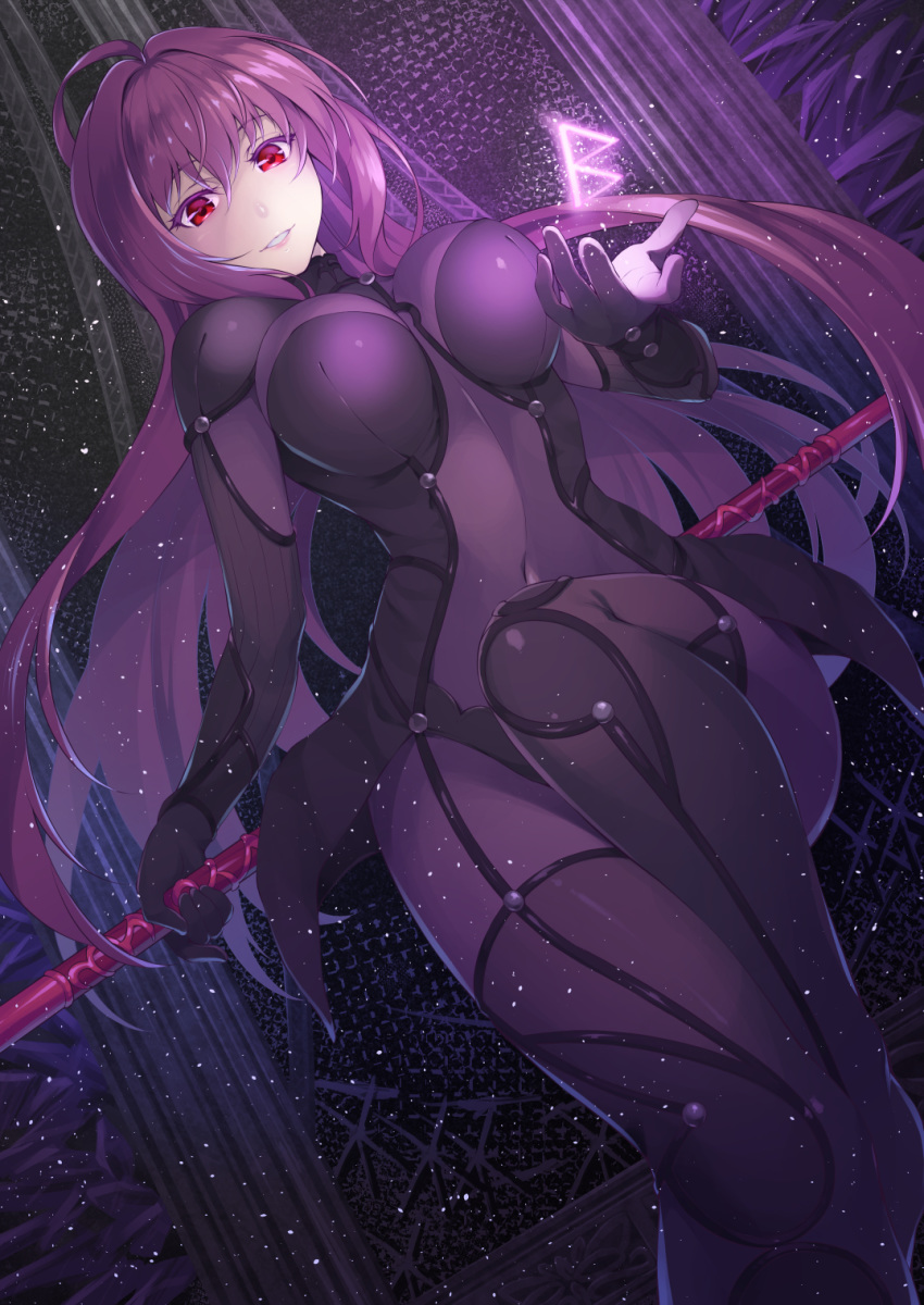 ahoge bodysuit breasts castle covered_navel fate/grand_order fate_(series) gae_bolg hair_intakes highres holding holding_weapon large_breasts long_hair looking_at_viewer mukunokino_isshiki polearm purple_bodysuit purple_hair red_eyes rune scathach_(fate)_(all) scathach_(fate/grand_order) smile snow spear very_long_hair weapon