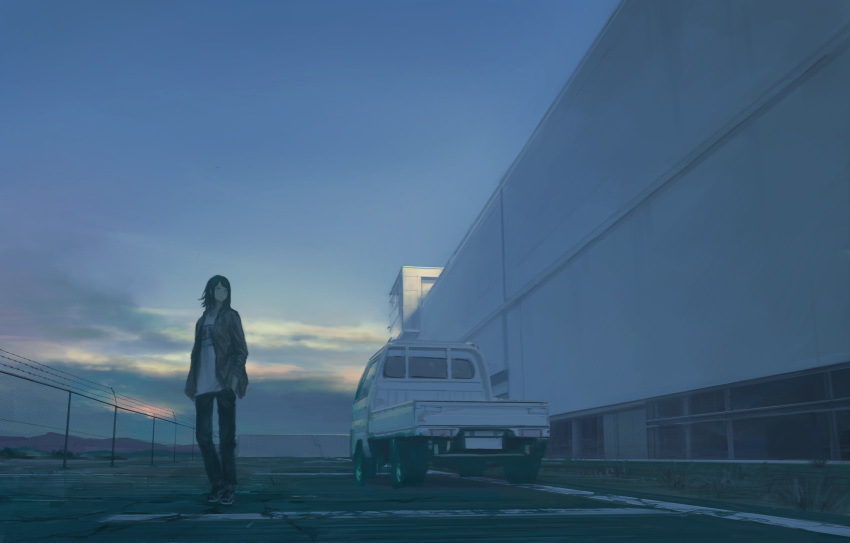 absurdres bad_id bad_pixiv_id barbed_wire black_hair blue_eyes cigarette coat day fence ground_vehicle hands_in_pockets highres looking_away motor_vehicle original outdoors parking_lot peke_(shadow105) scenery shirt short_hair solo truck white_shirt