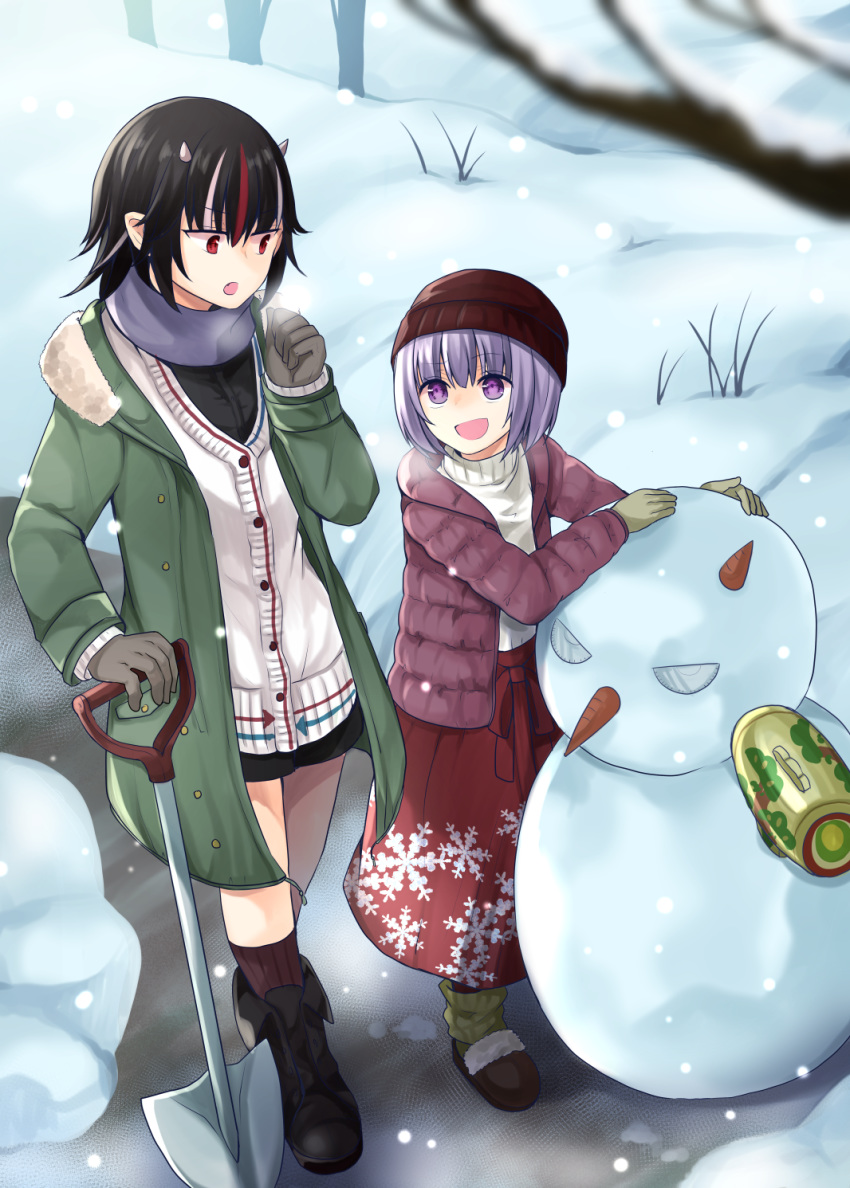 :d :o beanie black_footwear black_hair black_shorts blue_scarf boots breath buttons cardigan carrot casual coat commentary_request contemporary day from_above full_body gloves green_coat hair_between_eyes hat highres horns kijin_seija long_sleeves looking_at_another mimoto_(aszxdfcv) miracle_mallet multicolored_hair multiple_girls open_mouth outdoors purple_eyes purple_hair red_eyes red_hair red_skirt scarf short_hair shorts shovel skirt smile snow snowflake_print snowing snowman standing streaked_hair sukuna_shinmyoumaru touhou tree white_hair winter