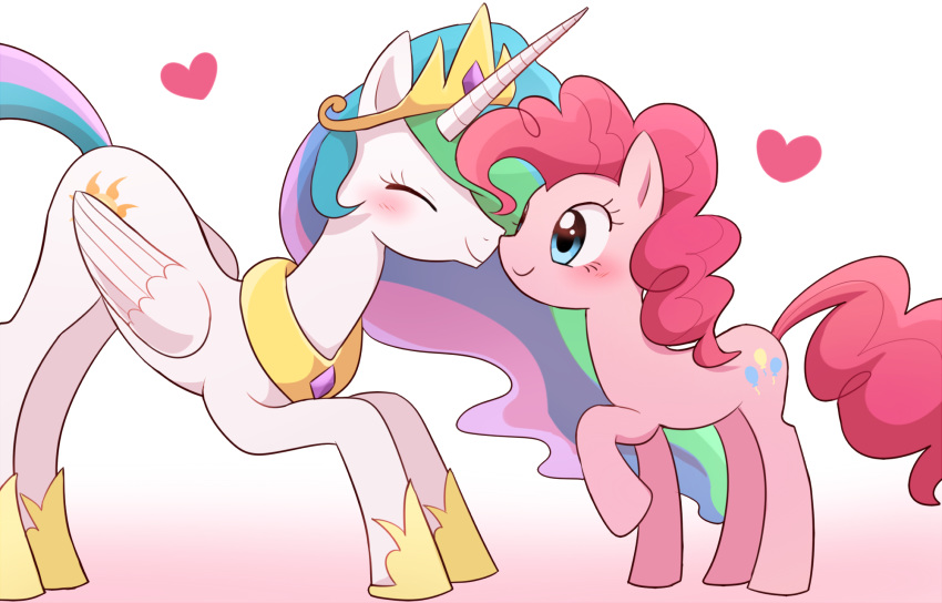 &lt;3 2016 bent_over blue_eyes blush crown cute cutie_mark duo earth_pony equine eyelashes eyes_closed feathered_wings feathers female female/female feral friendship_is_magic hair hi_res hooves horn horse larger_female long_hair love mammal multicolored_hair my_little_pony nude nuzzling pink_hair pinkie_pie_(mlp) pony princess_celestia_(mlp) rainbow_hair raised_leg royalty ryuu_chan simple_background size_difference smile standing touching_noses white_background white_feathers winged_unicorn wings
