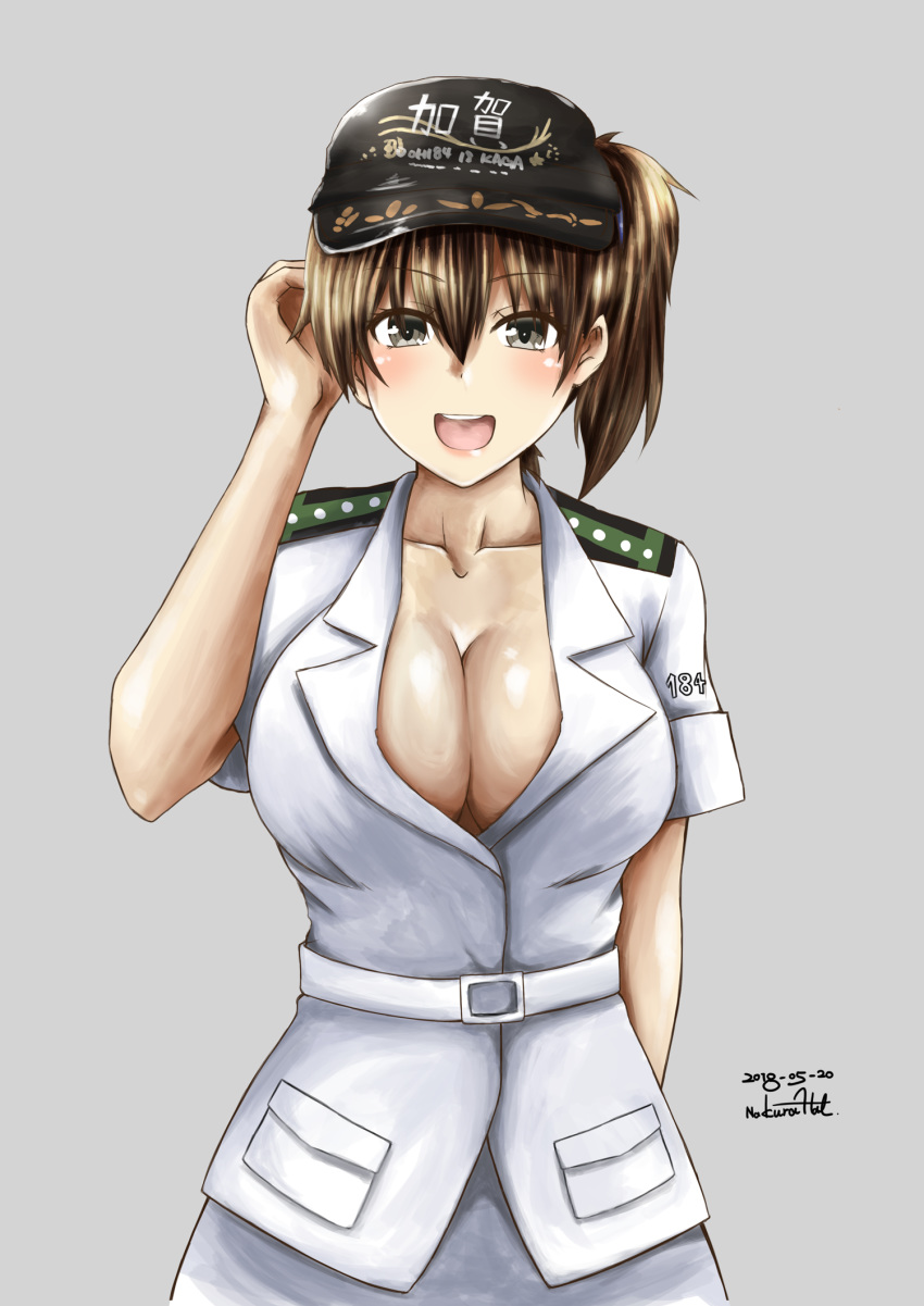 alternate_costume breasts brown_eyes brown_hair cleavage cowboy_shot dated grey_background hat highres kaga_(jmsdf) kaga_(kantai_collection) kantai_collection large_breasts looking_at_viewer military military_uniform nakura_haru naval_uniform open_mouth short_hair side_ponytail signature simple_background smile solo uniform