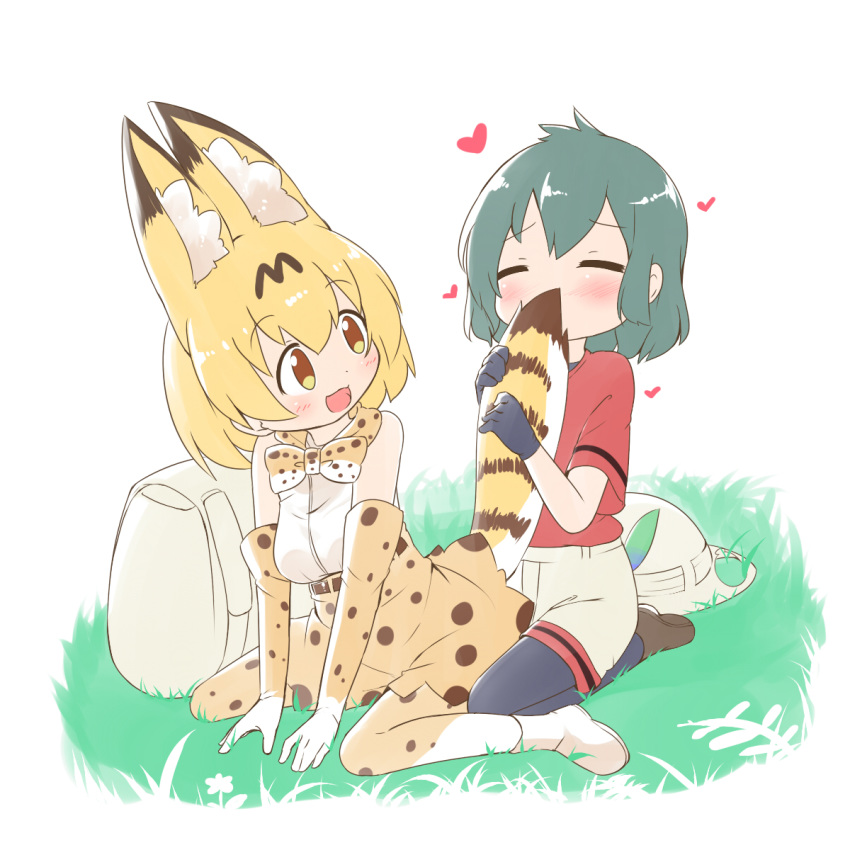 animal_ears backpack bag bangs bare_shoulders belt black_hair blonde_hair blush bow bowtie closed_eyes elbow_gloves eyebrows_visible_through_hair gloves hair_between_eyes hat hat_removed headwear_removed heart helmet highres kaban_(kemono_friends) kemono_friends loafers makuran multicolored_hair multiple_girls pantyhose pith_helmet seiza serval_(kemono_friends) serval_ears serval_print serval_tail shirt shoes short_hair shorts sitting skirt smelling t-shirt tail tail_grab thighhighs vest yellow_eyes