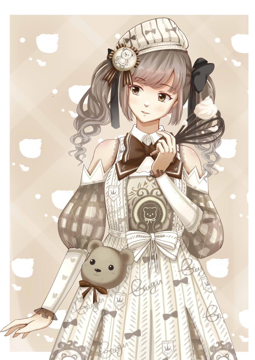absurdres black_bow bow brown_bow brown_eyes brown_hair cream detached_sleeves gugu_(mirukai) hair_bow hand_up hat highres miracle_nikki open_mouth puffy_sleeves sideways_glance simple_background skirt standing stuffed_animal stuffed_toy teddy_bear twintails whisk white_bow white_hat white_skirt