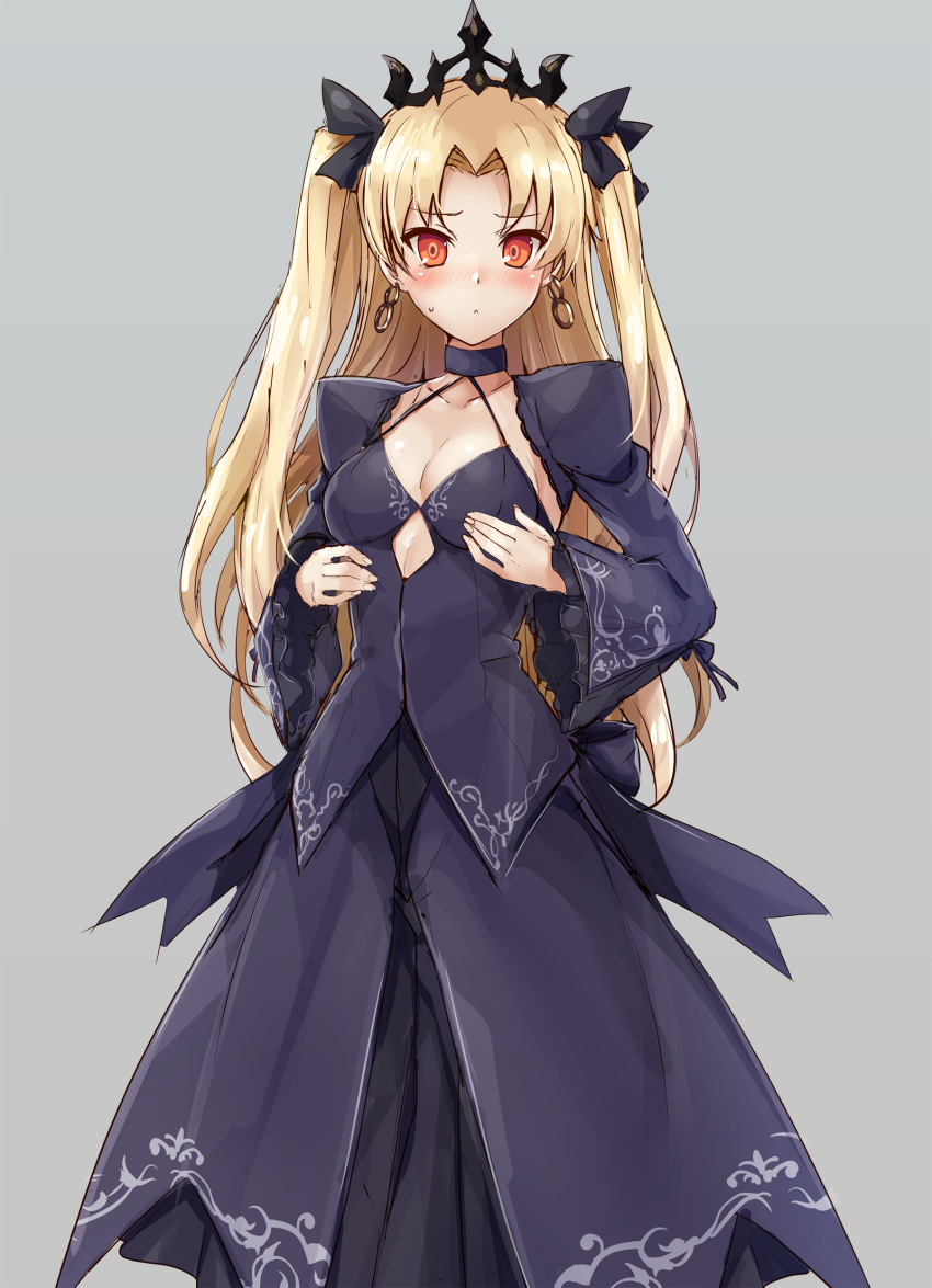 :&lt; absurdres artoria_pendragon_(all) bangs black_dress blonde_hair bow breasts choker cleavage commentary_request cosplay dress earrings ereshkigal_(fate/grand_order) fate/grand_order fate_(series) grey_background hair_bow hair_ornament hair_ribbon hands_on_own_chest highres jewelry long_hair looking_at_viewer medium_breasts orange_eyes parted_bangs ribbon saber_alter saber_alter_(cosplay) samoore simple_background solo sweatdrop tiara two_side_up wide_sleeves yellow_eyes