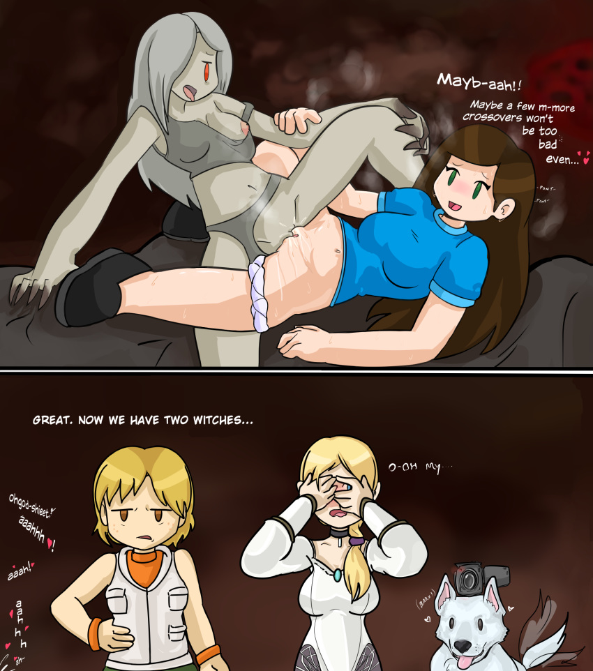 &lt;3 blonde_hair blue_eyes blush breasts brown_eyes brown_hair camera canid canine canis choker clothing crossover dialogue domestic_dog female female/female feral fiona_belli fur green_eyes hair hair_over_eye hand_on_hip haunting_ground heather_mason human konami left_4_dead_(series) long_hair mammal navel open_mouth panties panties_aside panties_down pussy pussy_juice recording red_eyes rubbing sex short_hair silent_hill spread_legs spreading sweat tailwag tongue tongue_out tribadism undead underwear underwear_aside valve video_games white_fur white_hair witch_(left_4_dead) zombie