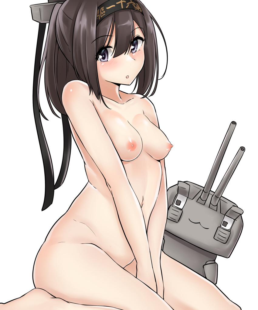 absurdres akizuki_(kantai_collection) arms_between_legs bangs blush breasts brown_hair chestnut_mouth chou-10cm-hou-chan collarbone commentary_request eyebrows_visible_through_hair full_body grey_eyes hair_between_eyes hairband highres kantai_collection kiritto long_hair looking_at_viewer nipples nude white_background