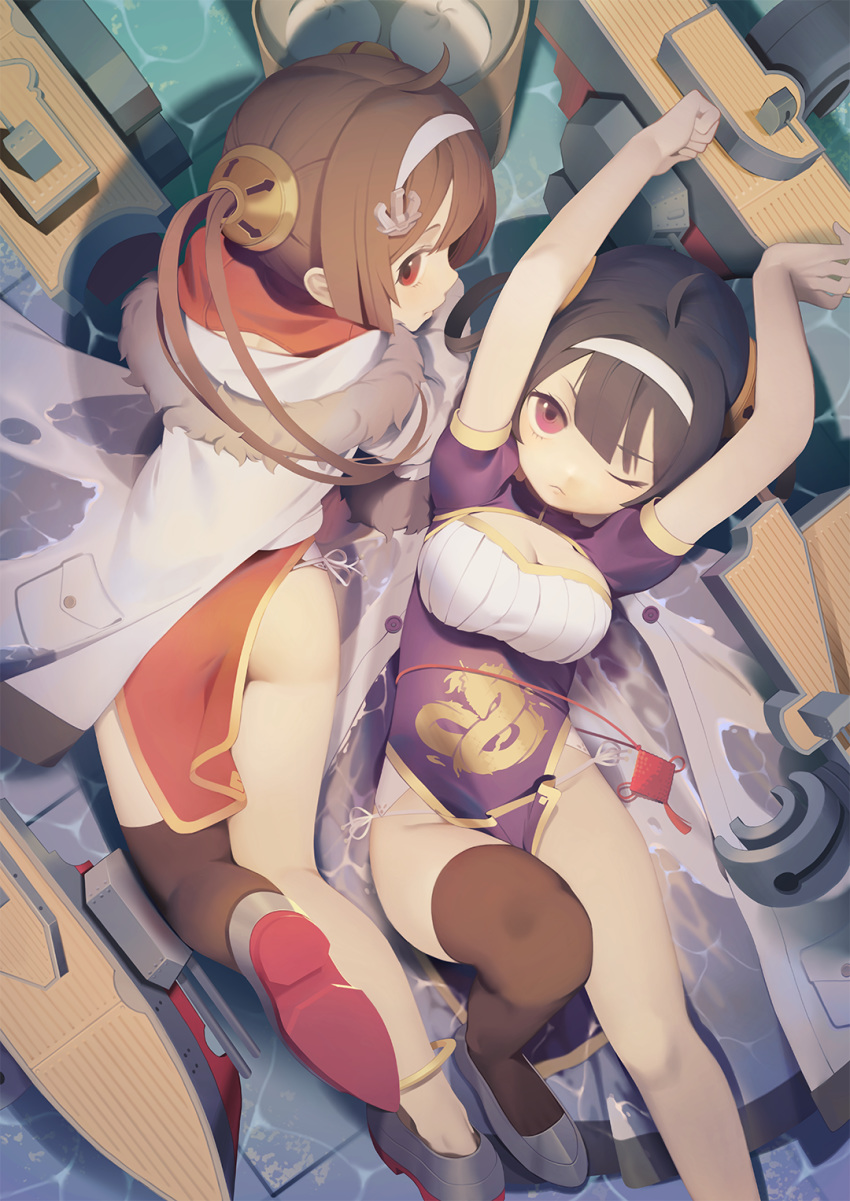;&lt; ahoge anchor_hair_ornament anklet arms_up ass azur_lane bamboo_steamer bangs baozi bare_legs black_hair black_legwear breasts brown_hair caustics china_dress chinese_clothes chinese_commentary cleavage cleavage_cutout closed_mouth coat commentary_request day dragon_print dress food from_above fur-trimmed_hood gold_trim grey_footwear groin hair_ornament hair_rings hairband highres hood hood_down hooded_coat jewelry knee_up light_blush long_hair lying machinery medium_breasts multiple_girls ning_hai_(azur_lane) on_back on_stomach open_clothes open_coat outdoors panties pelvic_curtain ping_hai_(azur_lane) pocket print_dress purple_dress purple_eyes qianjing red_dress red_eyes ribbon shadow shallow_water shoes short_sleeves side-tie_panties single_thighhigh tassel thighhighs twintails underwear v-shaped_eyebrows water white_coat white_hairband white_panties white_ribbon