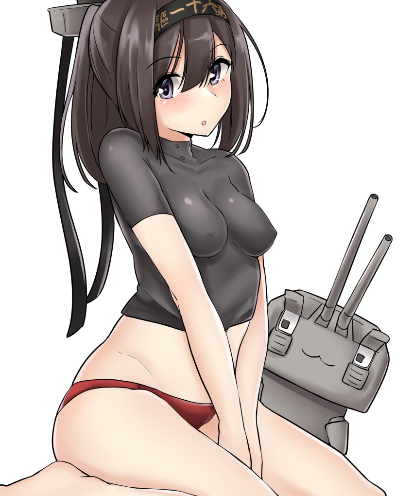 absurdres akizuki_(kantai_collection) arms_between_legs bangs black_shirt blush breasts brown_hair chestnut_mouth chou-10cm-hou-chan collarbone commentary_request eyebrows_visible_through_hair full_body grey_eyes hair_between_eyes hairband highres kantai_collection kiritto long_hair looking_at_viewer nipples panties red_panties see-through shirt short_sleeves underwear white_background