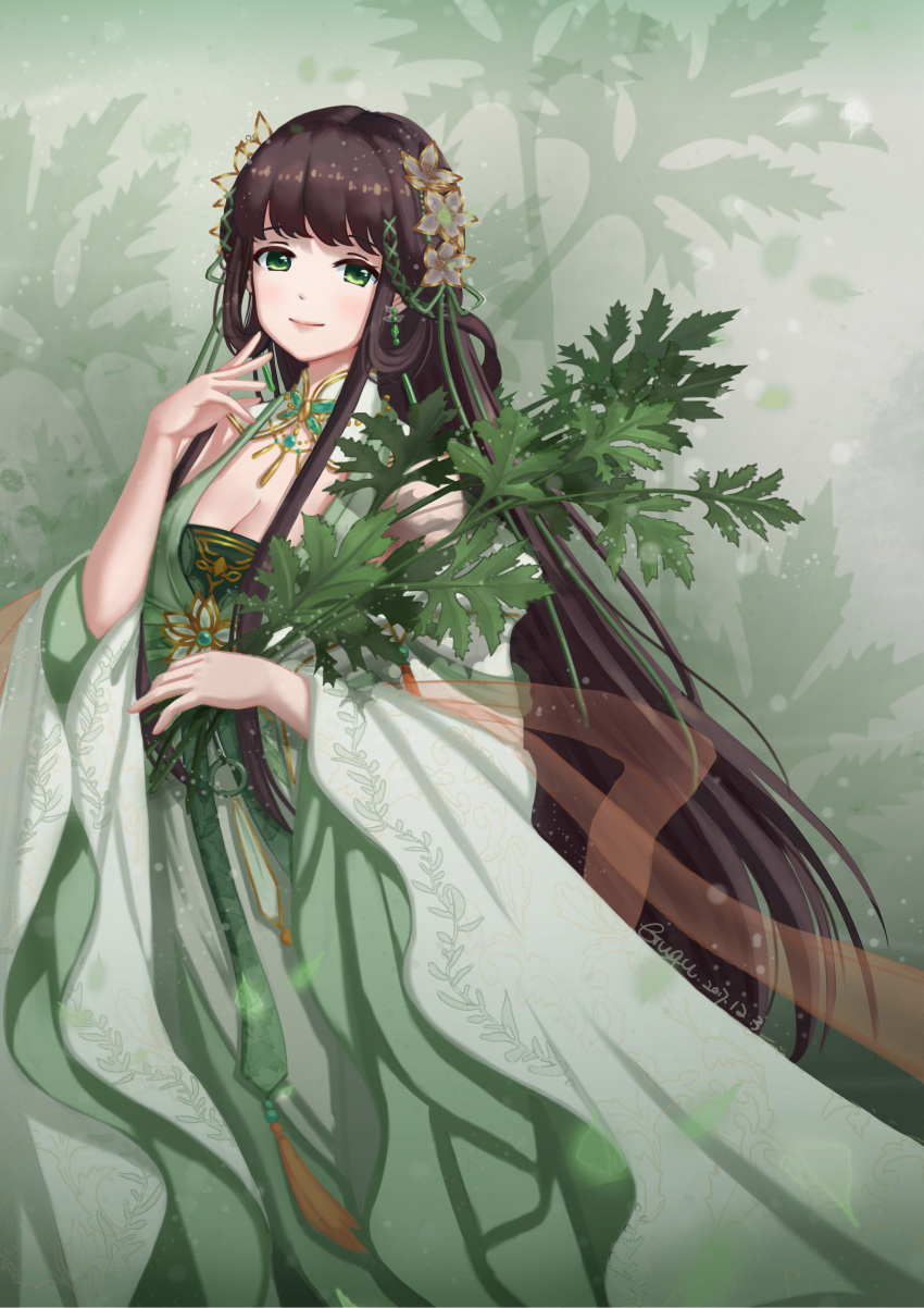 absurdres artist_name breasts brown_hair cleavage dated dress earrings flower green_background green_dress green_eyes green_ribbon gugu_(mirukai) hair_flower hair_ornament hair_ribbon hand_up highres holding holding_leaf jewelry leaf light_smile long_hair looking_at_viewer medium_breasts miracle_nikki ribbon standing very_long_hair wide_sleeves