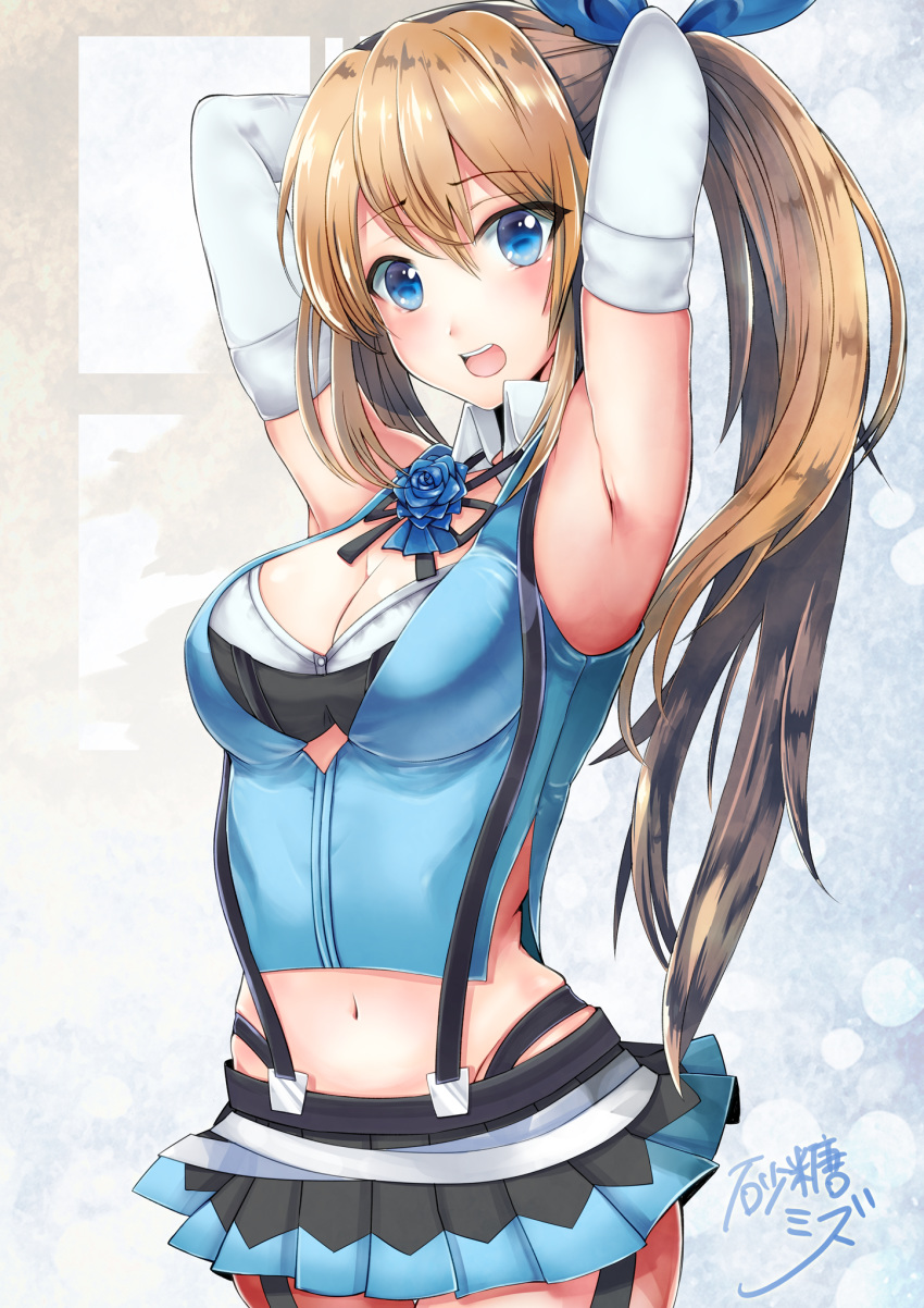 armpits arms_behind_head arms_up bikini_top black_panties blonde_hair blue_eyes blue_shirt breasts cheri_shi cleavage commentary_request cowboy_shot elbow_gloves garter_straps gloves highleg highleg_panties highres long_hair microskirt midriff mirai_akari mirai_akari_project navel open_mouth panties ponytail ribbon shirt skirt sleeveless sleeveless_shirt smile solo suspender_skirt suspenders underwear virtual_youtuber white_gloves