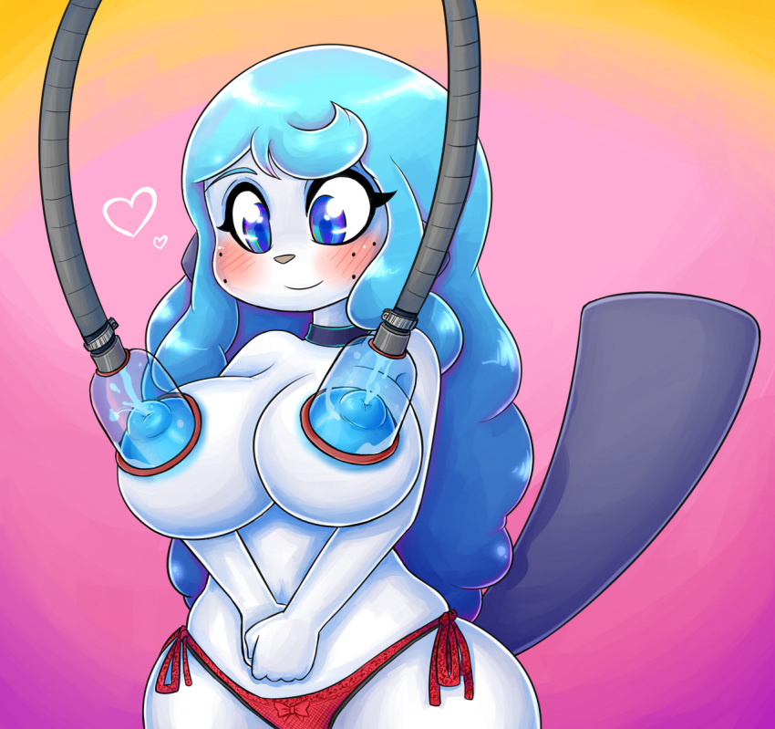 anthro anthrofied basketgardevoir big_breasts blue_eyes blue_hair blue_nipples blush breast_milking breasts celeste_(basketgardevoir) clothing cute digital_media_(artwork) female freckles hair huge_breasts invalid_tag lactating machine mammal milk milking_machine nintendo nipples nude oshawott panties pok&eacute;mon pok&eacute;mon_(species) pok&eacute;morph simple_background smile solo underwear video_games