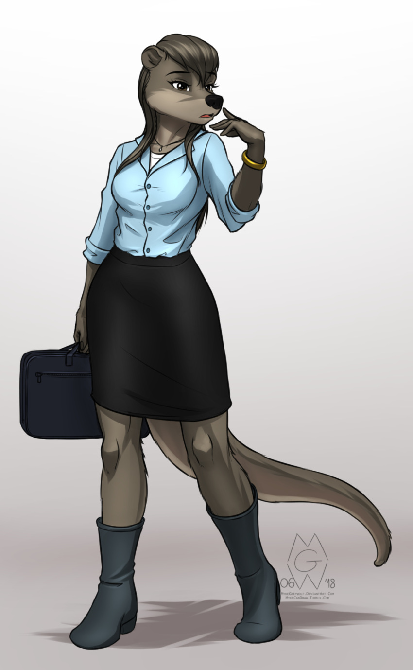 2018 anthro black_nose bracelet brown_eyes brown_hair business_suit clothed clothing digital_media_(artwork) eyelashes female hair hi_res holding_object jewelry long_hair mammal mustelid mykegreywolf nat_(mykegreywolf) otter signature solo suit
