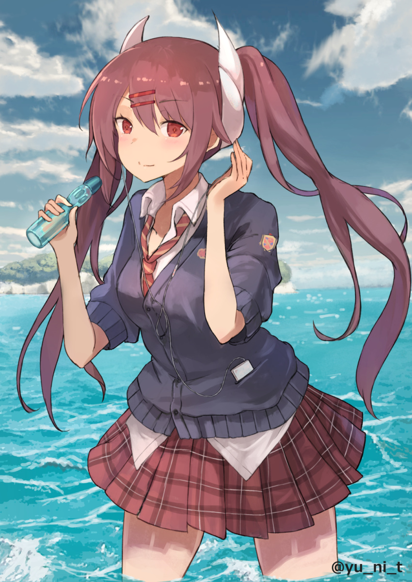 azur_lane bangs bell blue_cardigan blue_sky bottle buttons cardigan cellphone closed_mouth cloud collared_shirt commentary day dress_shirt earbuds earphones haruna_(azur_lane) highres holding holding_bottle jingle_bell long_hair long_sleeves miniskirt necktie outdoors phone plaid plaid_skirt pleated_skirt ramune red_neckwear red_skirt school_uniform sheath sheathed shirt skindentation skirt sky sleeves_past_wrists smartphone smile solo standing striped striped_neckwear swept_bangs tassel twintails untucked_shirt very_long_hair wading water white_shirt yu_ni_t