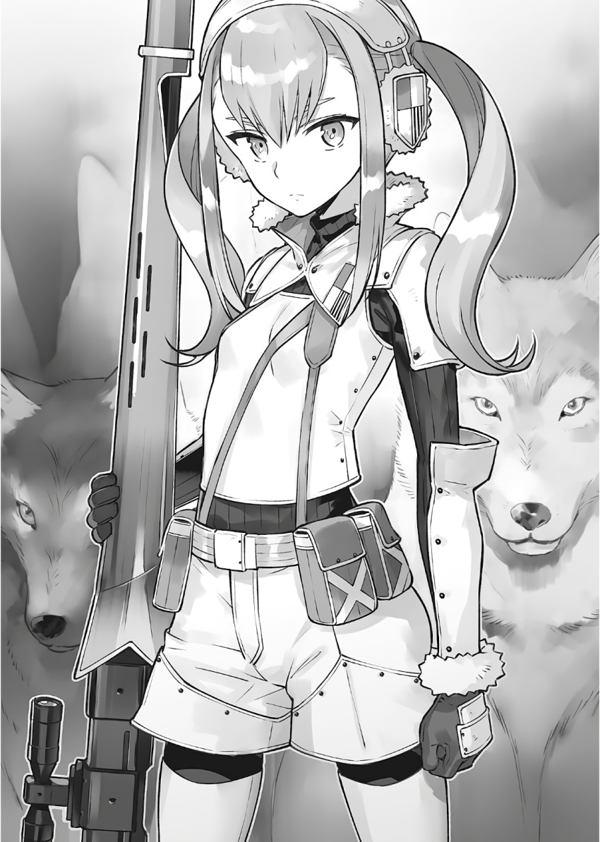1girl assassins_pride bangs boots clenched_hand cowboy_shot floating_hair gloves gun hair_between_eyes highres holding holding_gun holding_weapon legwear_under_shorts long_hair looking_at_viewer military military_uniform ninomoto novel_illustration official_art pantyhose rifle short_shorts shorts sniper_rifle solo standing thigh_boots thighhighs twintails uniform weapon wolf