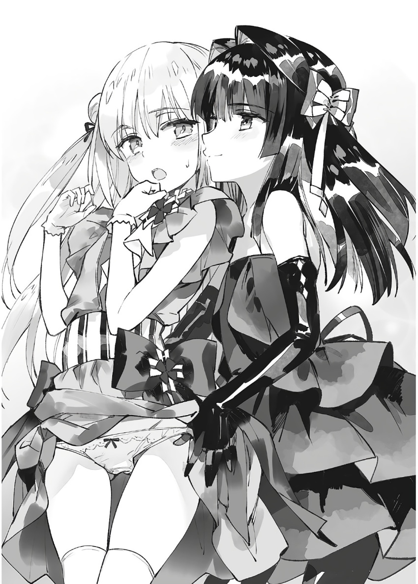 2girls assassins_pride blush bow bow_panties cowboy_shot dress dress_lift elbow_gloves eyebrows_visible_through_hair floating_hair gloves greyscale hair_between_eyes hair_bow hair_bun hair_ribbon highres layered_dress lifted_by_another long_hair merida_angel monochrome mule_la_mall multiple_girls ninomoto novel_illustration official_art open_mouth panties ribbon shiny shiny_hair short_dress sleeveless sleeveless_dress smile standing strapless strapless_dress sweatdrop thighhighs underwear very_long_hair