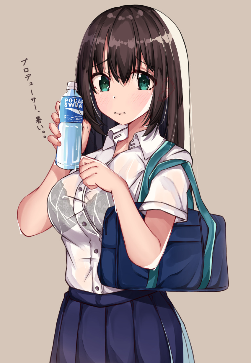 absurdres bag bangs black_bra blue_skirt blush bottle bra bra_through_clothes breasts brown_background brown_hair closed_mouth collared_shirt commentary_request dress_shirt eyebrows_visible_through_hair green_eyes hair_between_eyes hands_up highres holding holding_bottle idolmaster idolmaster_cinderella_girls looking_at_viewer medium_breasts norazura pleated_skirt pocari_sweat school_bag school_uniform see-through shibuya_rin shirt simple_background skirt solo translation_request underwear water_bottle wet wet_clothes wet_shirt white_shirt