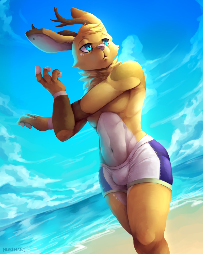 absurd_res anthro antlers artemis beach big_thighs bulge clothed clothing hare hi_res horn jackalope lagomorph looking_aside male mammal neck_tuft nurinaki outside rabbit seaside solo stretching swimming_trunks swimsuit topless tuft