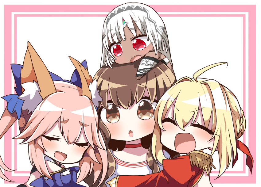 :d :o ^_^ absurdres altera_(fate) animal_ears bare_shoulders belt blonde_hair blue_bow blush bow braid brown_eyes brown_hair chibi choker closed_eyes commentary_request dark_skin detached_sleeves dress epaulettes fate/extella_link fate/extra fate_(series) fox_ears girl_sandwich hair_bow hair_ribbon harem highres hug jako_(jakoo21) juliet_sleeves kishinami_hakuno_(female) long_hair long_sleeves multiple_girls nero_claudius_(fate) nero_claudius_(fate)_(all) on_head open_mouth pink_hair puffy_sleeves red_choker red_dress red_eyes red_ribbon ribbon sandwiched shirt silver_hair smile tamamo_(fate)_(all) tamamo_no_mae_(fate) twintails white_shirt yuri