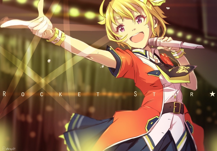 :d ahoge bangs belt blonde_hair blue_skirt blurry blurry_background collared_shirt commentary_request highres holding holding_microphone ibuki_tsubasa idolmaster idolmaster_million_live! jacket microphone necktie open_mouth pointing purple_eyes round_teeth shiny_trinity shirt short_hair short_sleeves skirt smile solo song_name stage_lights star teeth twitter_username upper_teeth wristband yoshito